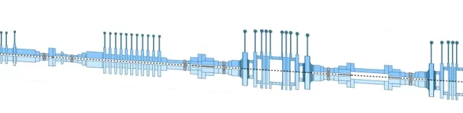 A blue and white waveform diagram with spikes and variations along a horizontal line.