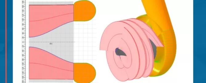 Diagram of (a) a schematic design and (b) a 3D model of an air duct system with spiral and curved elements.