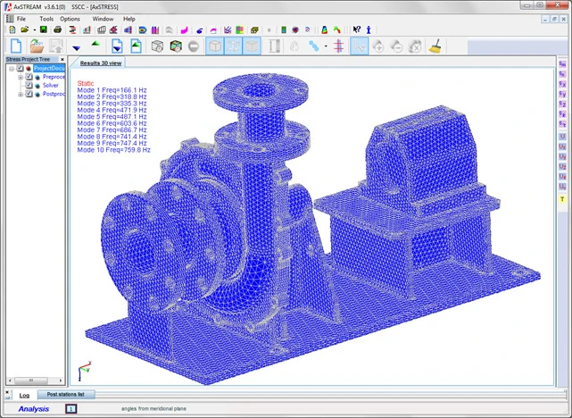 The finite-element mesh of the single stage compressor supporting structure in AxSTRESS