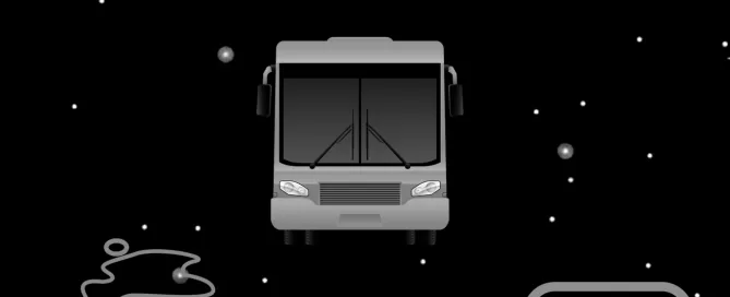 Monochrome image of a bus, airplane, car, volcano, and fan blade on a starry black background.