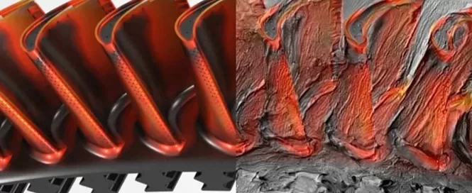 Close-up comparison of a tire tread in two different materials or states: one smooth and polished, the other rough and textured, reminiscent of the precision engineering found in Softinway's turbomachinery solutions.