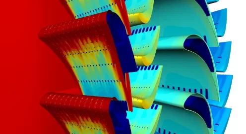 Experience a colorful 3D simulation of airflow through turbine blades, expertly crafted to highlight heat distribution with gradients from red to blue. This vivid depiction is brought to you by Softinway, leaders in turbomachinery innovation.