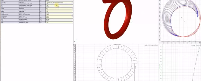 3D modeling software interface showing a red circular object and its cross-section. Features include design parameters, grid coordinates, and visualization tools.