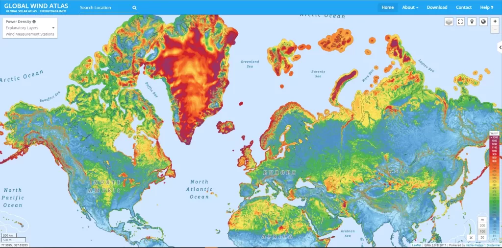 Wind power potential across the Northern hemisphere at one m altitude