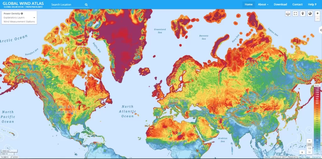 Wind power potential across the Northern hemisphere at two m altitude