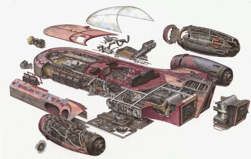 Figure 3 X-34 cutaway model highlighting repulsorlift system under the front hood and turbomachinery components in gas turbine engines (courtesy of Hans Jenssen)