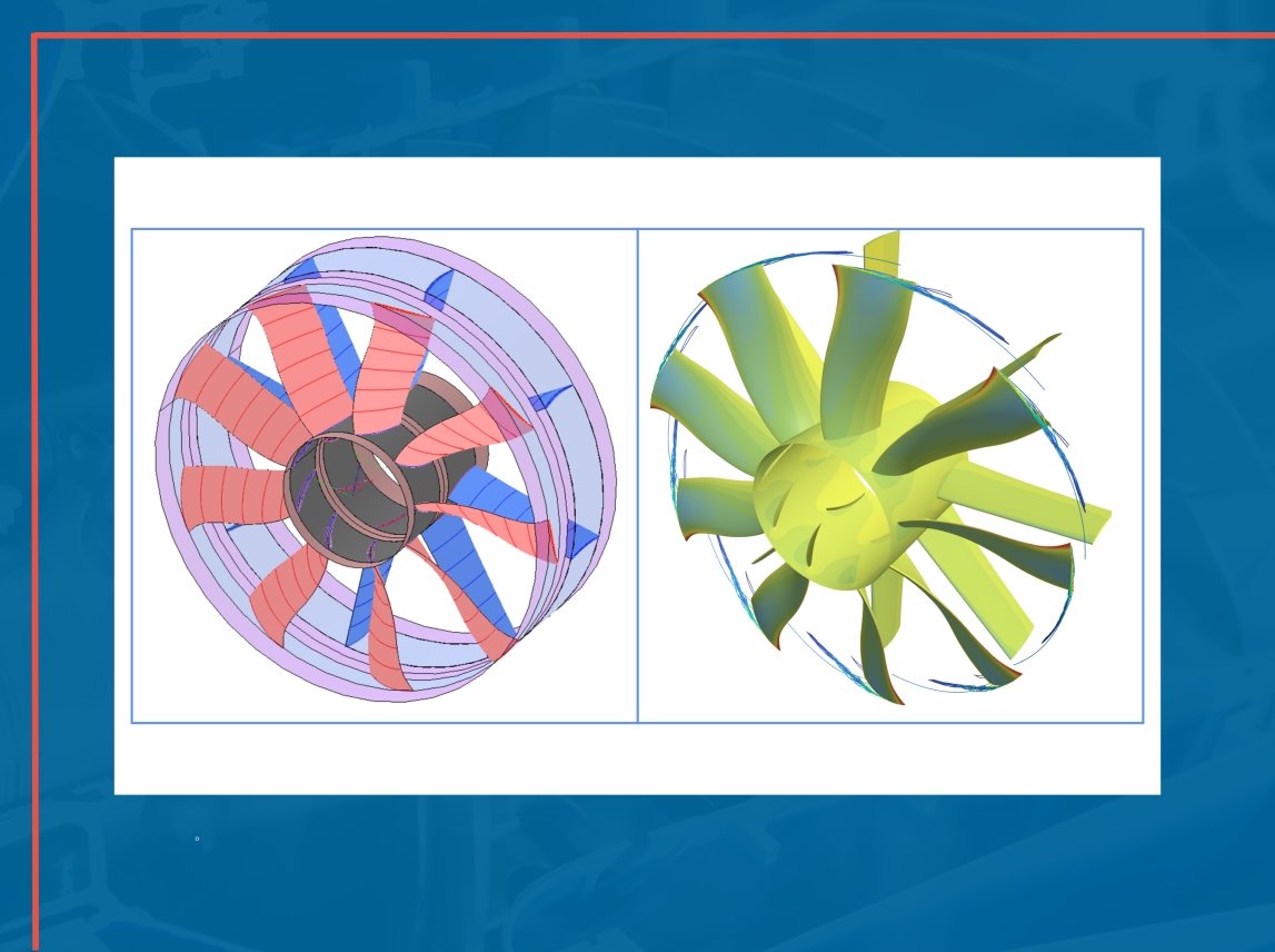 Diagram showing two different engineering designs of a propeller: one on the left with red and blue components, and a green and yellow version on the right.