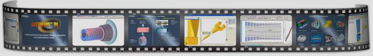 A film strip displays various software interface screenshots, featuring charts, diagrams, and 3D models.