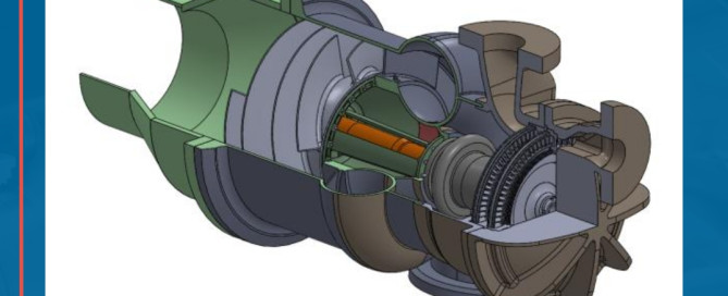 3D model of a turbocharger with visible cutaway sections showing internal components, including rotor, blades, and housing.
