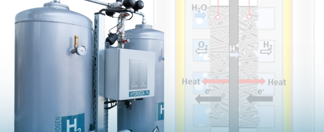 Image of a generic electrolyzer next to a diagram of diffusion in electrolysis