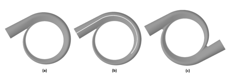 a graphic showing 3 different types of volutes to minimize radial forces, one is a single volute, the other is a double-scroll volute and the other is a two exit volute.