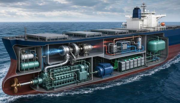 Interpretive diagram of the four interacting pathways inside a boat vessel: turbocharging, heat recovery, electrification and alternative fuels. SOURCE: [Generated with AI]