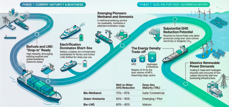 Diagram of the two-phase maritime decarbonization roadmap. Phase one: near-term, ready-to-deploy options like biofuels, LNG/Bio-LNG, and electrification for short-sea and port use. Phase two: deeper decarbonization through e-methanol, hydrogen, and ammonia. Rather than naming one winning pathway, the figure compares how readiness, emissions reduction, fuel-volume tradeoffs, and infrastructure needs shift over time.