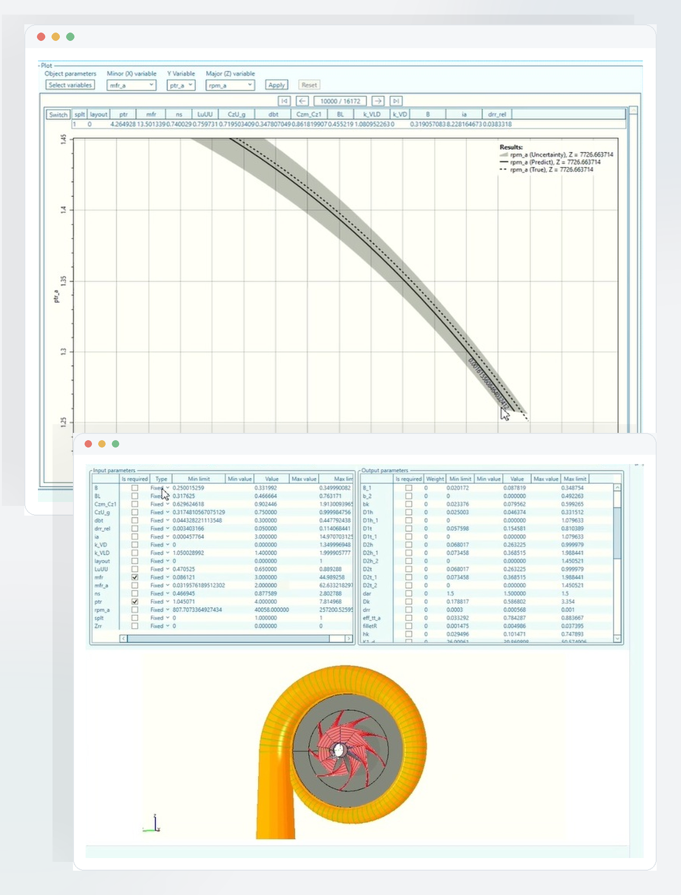 Image of engineering inputs and AI generated outputs of a compressor Physics-Informed AI - input values in AxSTREAM to generate a compressor design