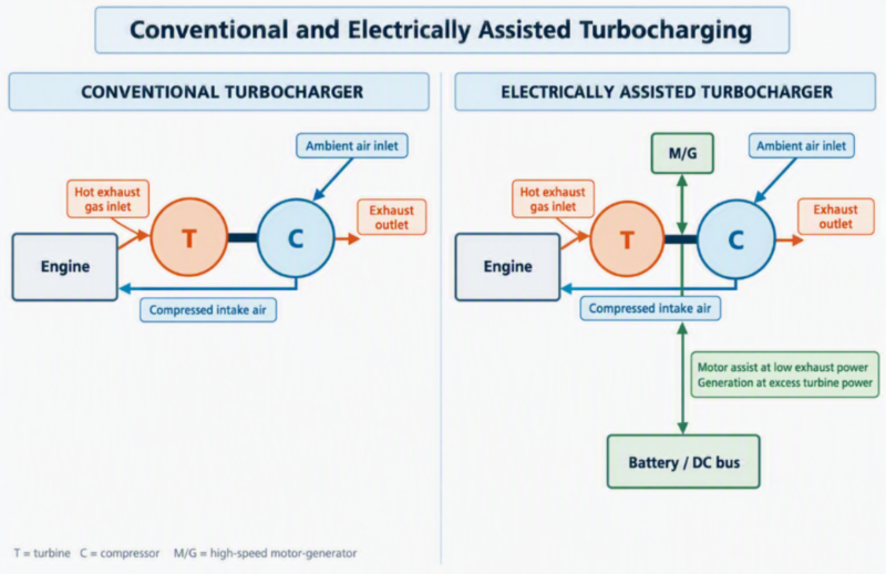 Diagram displaying the Conventional Exhaust-Driven and Electrically Assisted Turbocharger Architectures