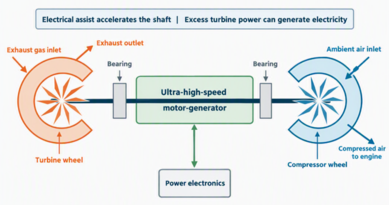 Diagram displaying the integration of an electrically assisted turbocharger with turbine, compressor, motor-generator, bearings, and power electronics in a hybrid vehicle