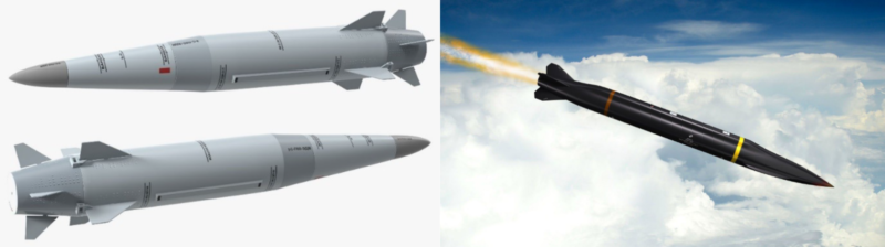 Image of a Kh-47M2 Kinzhal / carrier aircraft — MiG-31K next to an image of a Multi-role hypersonic missile Mako / carrier aircraft — F-35 Lightning II fighter