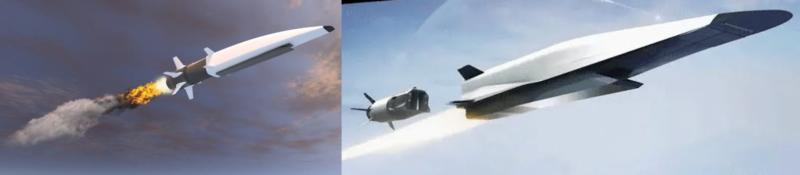 Image of a hypersonic glide vehicle with its solid-fuel booster still firing next to an image of a hypersonic glide vehicle after booster separation, once the scramjet has taken over