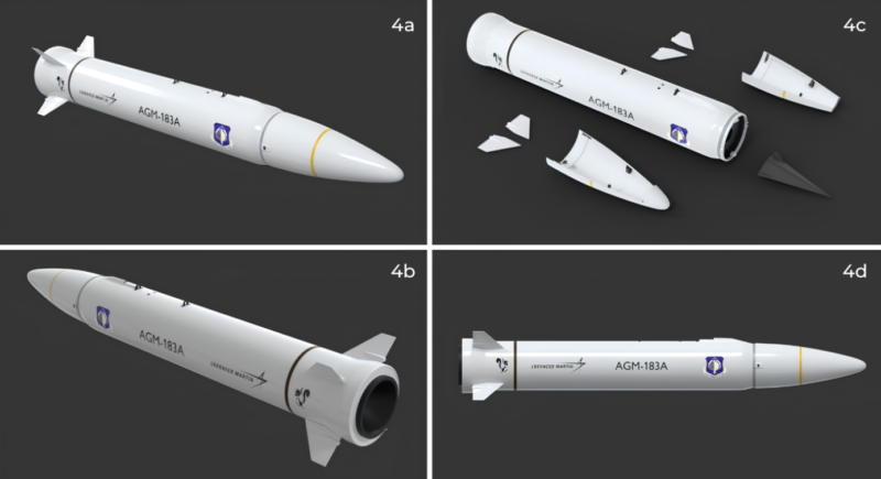 Images of the AGM-183 ARRW system — an air-launched hypersonic missile used to carry a glide vehicle (such as Operational Fires). Carrier aircraft: B-52H bomber